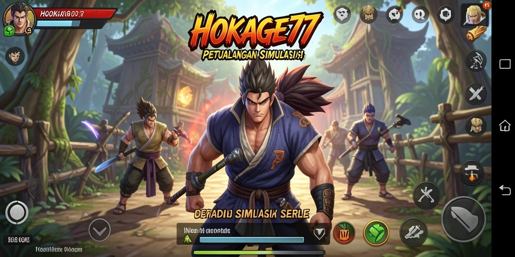 Screenshot HOKAGE77 menampilkan karakter ninja dalam aksi penuh di arena.