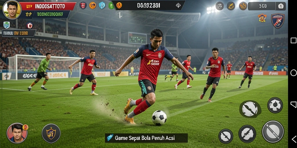 Tampilan gameplay INDOSATTOTO dengan aksi sepak bola yang seru.
