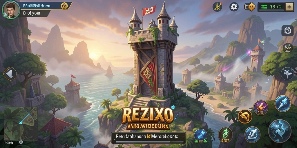 Screenshot gameplay REZIXO menampilkan pertarungan menara yang menegangkan.